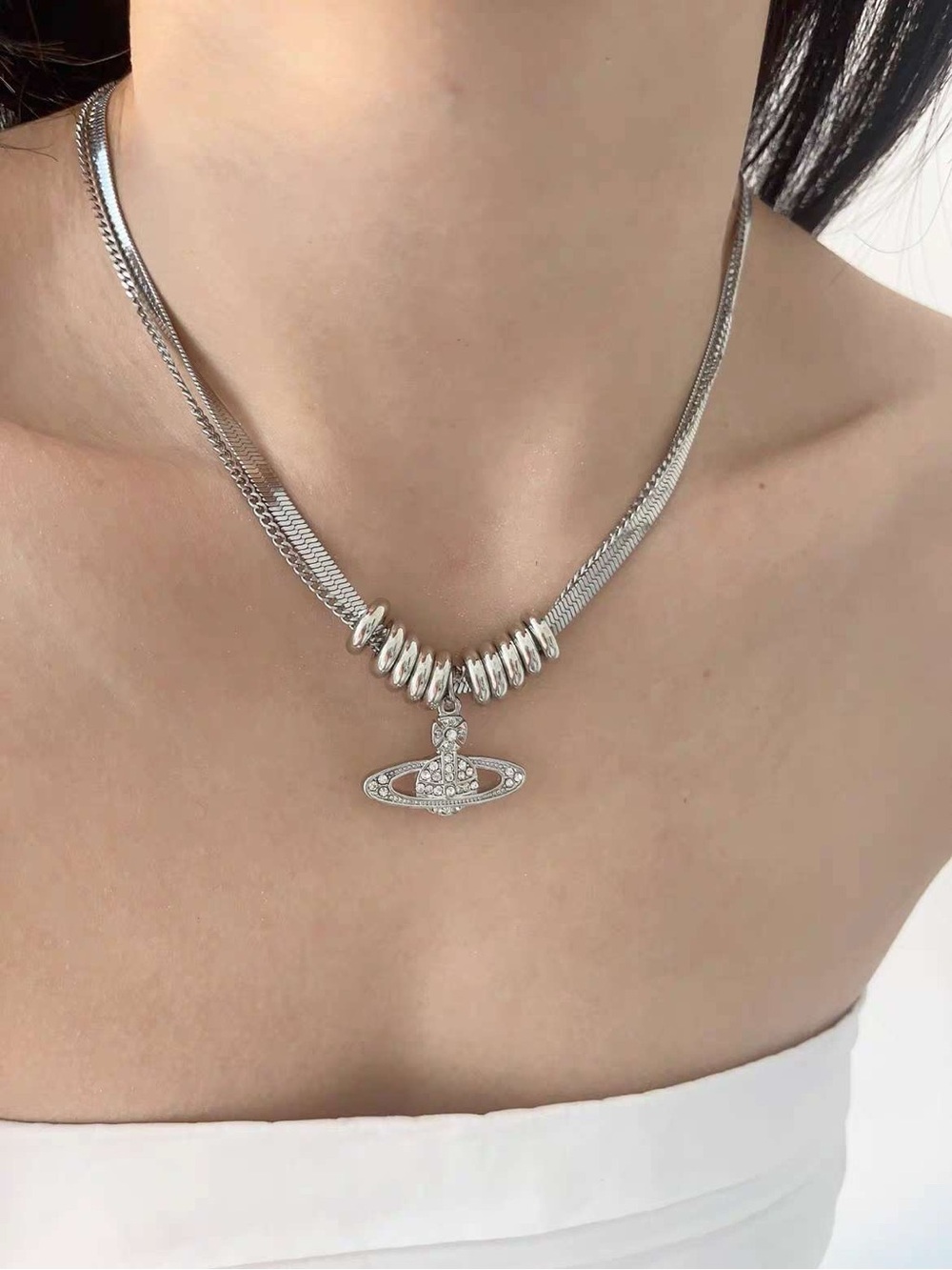 Silver Tone Orb Pendant Necklace - Women's Fashion Jewelry